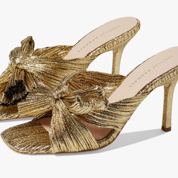 Loeffler Randall Claudia Pleated Bow Stiletto Heel Mule Oro Gold 7 New - Picture 1 of 6
